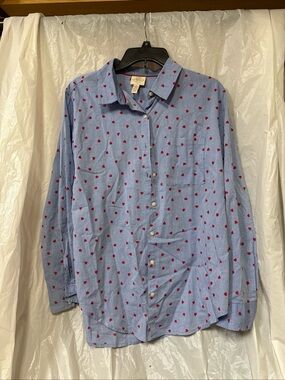 St. John's Bay Light Blue Button-Down Shirt with Red Heart Print size medium
